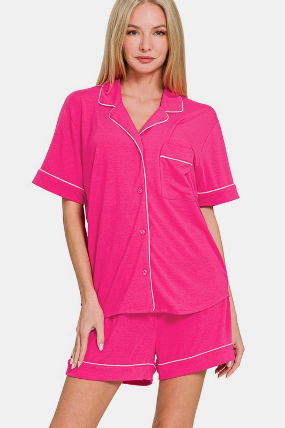 Zenana Button Down Short Sleeve Top and Shorts Lounge Set-Loungewear-Krush Kandy, Women's Online Fashion Boutique Located in Phoenix, Arizona (Scottsdale Area)