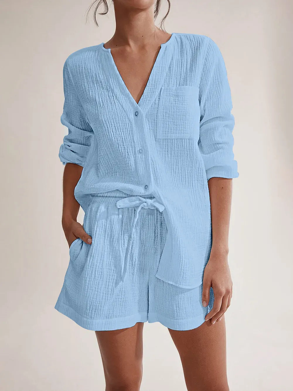 Notched Long Sleeve Top and Shorts Set-Krush Kandy, Women's Online Fashion Boutique Located in Phoenix, Arizona (Scottsdale Area)