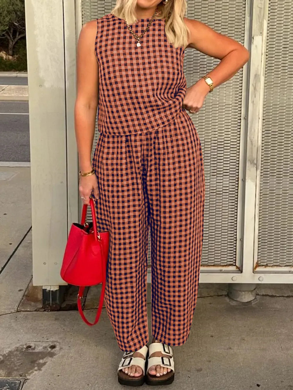 Lovelet Plaid Round Neck Sleeveless Top and Pants Set-2 Piece Outfit Sets-Krush Kandy, Women's Online Fashion Boutique Located in Phoenix, Arizona (Scottsdale Area)