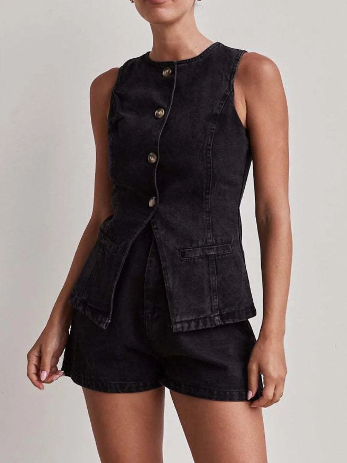 Button Down Vest and Shorts Denim Set-2 Piece Outfit Sets-Krush Kandy, Women's Online Fashion Boutique Located in Phoenix, Arizona (Scottsdale Area)