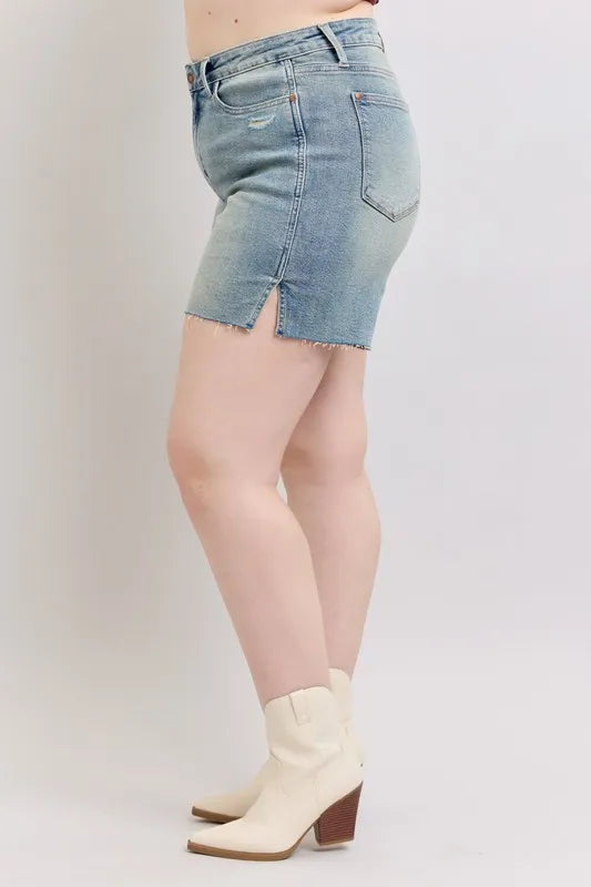 Judy Blue Full Size High Waist Vintage Wash Side Slit Denim Shorts Plus Size-Denim-Krush Kandy, Women's Online Fashion Boutique Located in Phoenix, Arizona (Scottsdale Area)