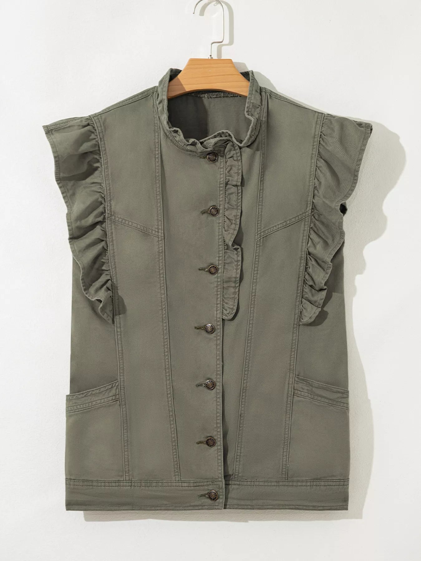 Ruffled Patchwork Denim Jacket Vest-Krush Kandy, Women's Online Fashion Boutique Located in Phoenix, Arizona (Scottsdale Area)