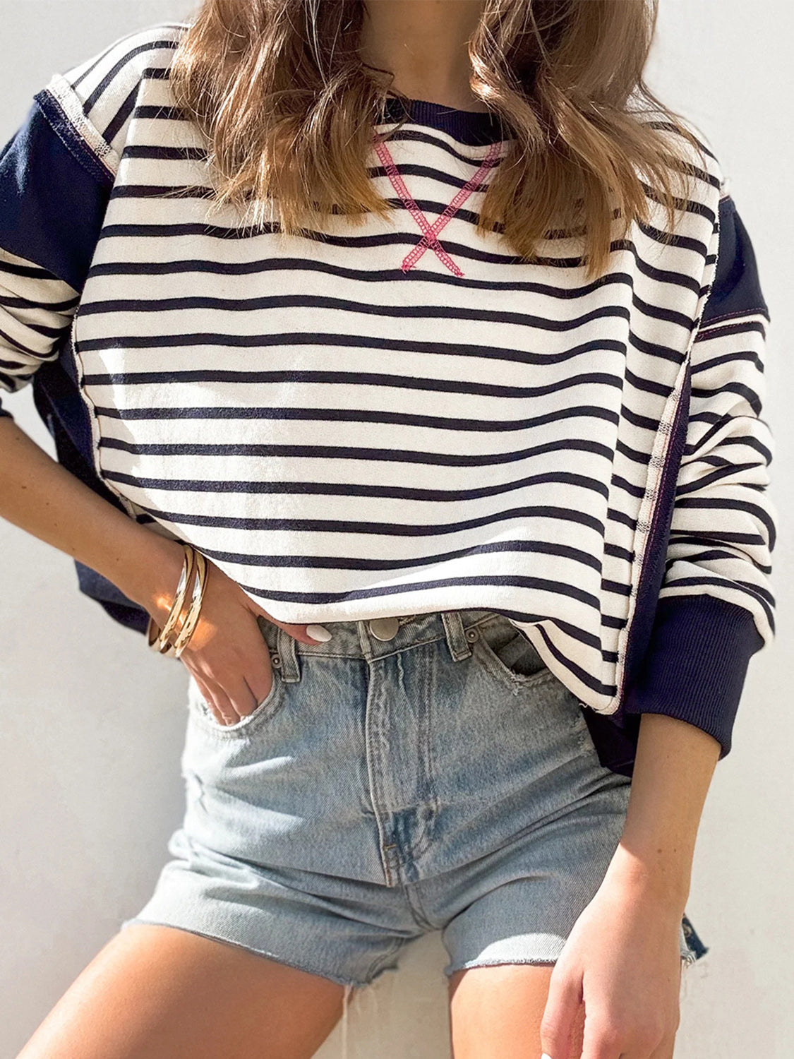 Slit Exposed Seam Striped Long Sleeve Sweatshirt-Sweaters-Krush Kandy, Women's Online Fashion Boutique Located in Phoenix, Arizona (Scottsdale Area)