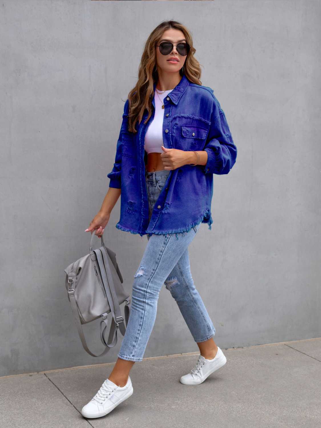 Distressed Drop Shoulder Denim Jacket-Krush Kandy, Women's Online Fashion Boutique Located in Phoenix, Arizona (Scottsdale Area)