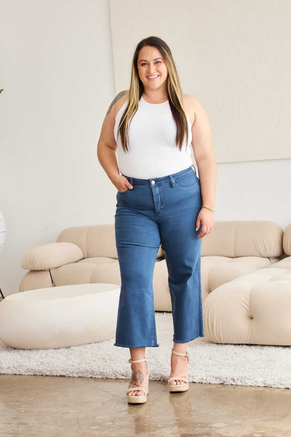 RfM Crop Chloe Full Size Tummy Control High Waist Raw Hem Jeans-Krush Kandy, Women's Online Fashion Boutique Located in Phoenix, Arizona (Scottsdale Area)