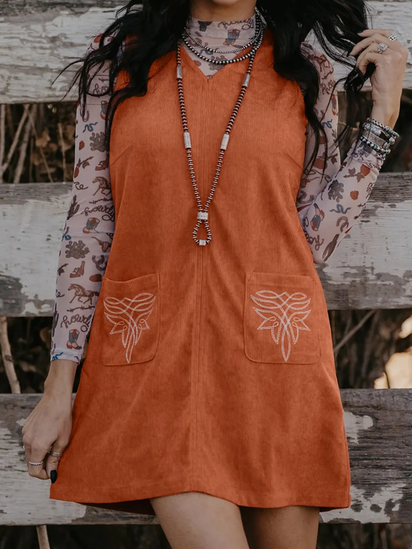 Corduroy Western Embroidered Patched Pocket Shift Sleeveless Mini Dress-dresses-Krush Kandy, Women's Online Fashion Boutique Located in Phoenix, Arizona (Scottsdale Area)