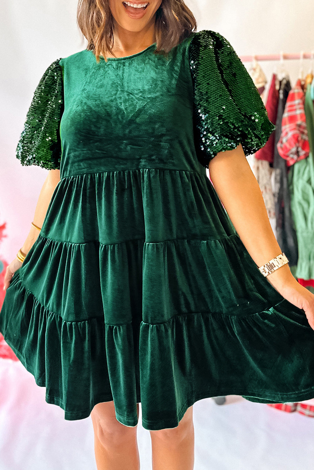 Evergreen Velvet Sequin Sleeve Dress Holiday Party Outfit | Krush Kandy Boutique M Evergreen Velvet Sequin Sleeve Dress Holiday Party Outfit | Krush Kandy Boutique M