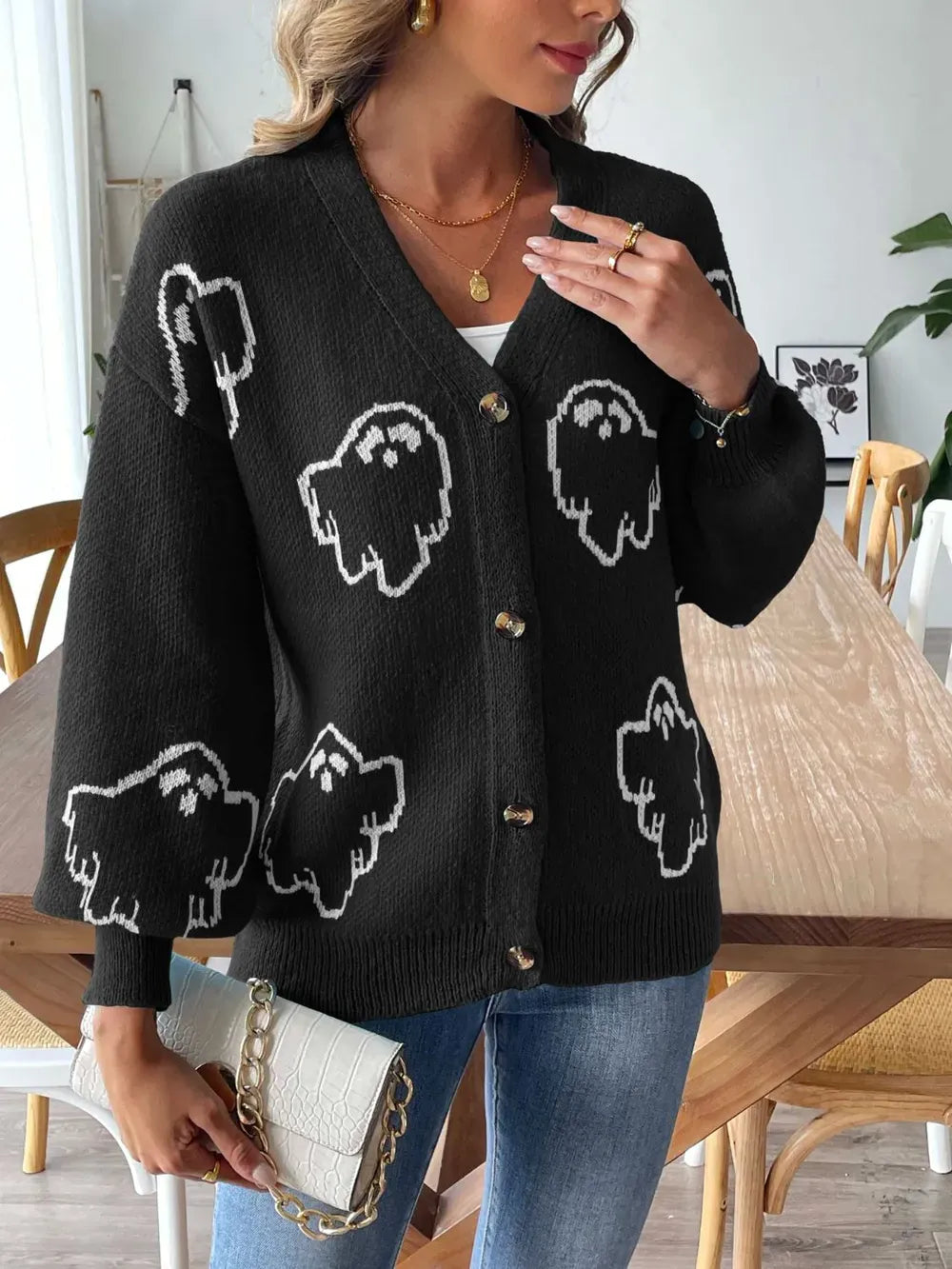 Ghost V-Neck Dropped Shoulder Cardigan-Cardigans-Krush Kandy, Women's Online Fashion Boutique Located in Phoenix, Arizona (Scottsdale Area)