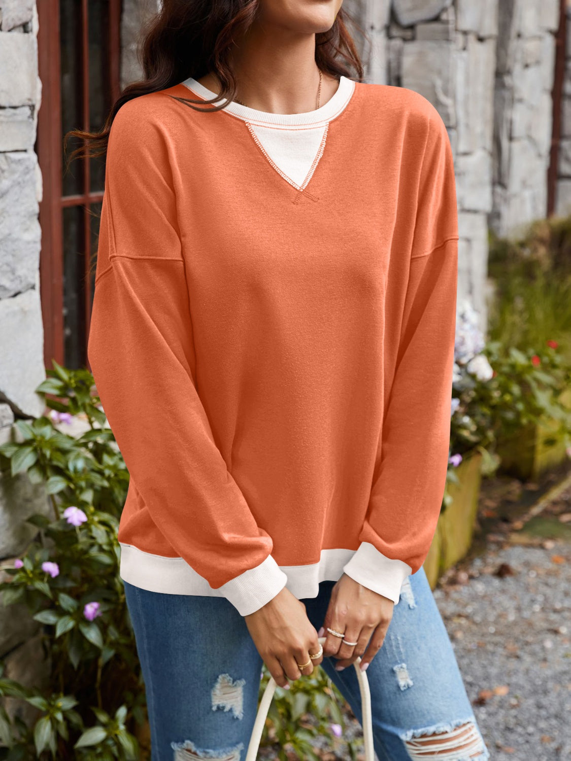 Lovelet Contrast Round Neck Long Sleeve Sweatshirt-Krush Kandy, Women's Online Fashion Boutique Located in Phoenix, Arizona (Scottsdale Area)