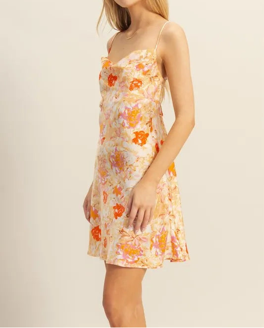 HYFVE Floral Cowl Neck Flirty Satin Mini Dress-Dresses-Krush Kandy, Women's Online Fashion Boutique Located in Phoenix, Arizona (Scottsdale Area)