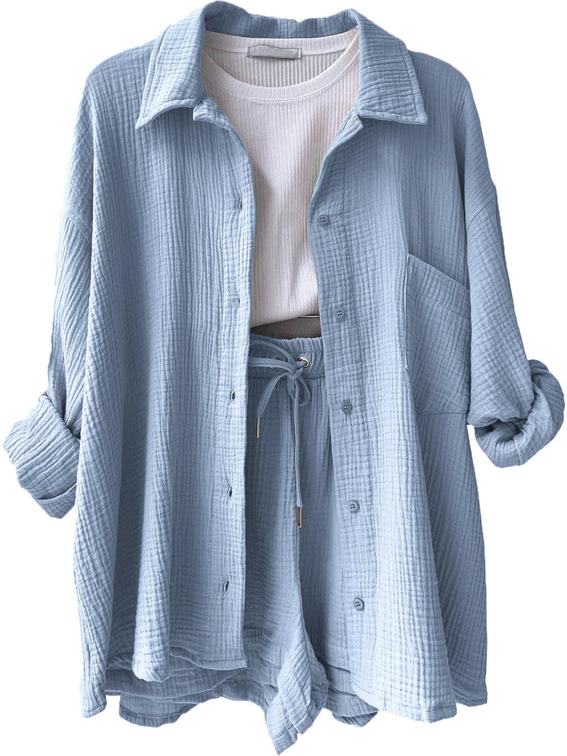 Kinsley Texture Button-Up Shirt and Drawstring Shorts Set-Krush Kandy, Women's Online Fashion Boutique Located in Phoenix, Arizona (Scottsdale Area)