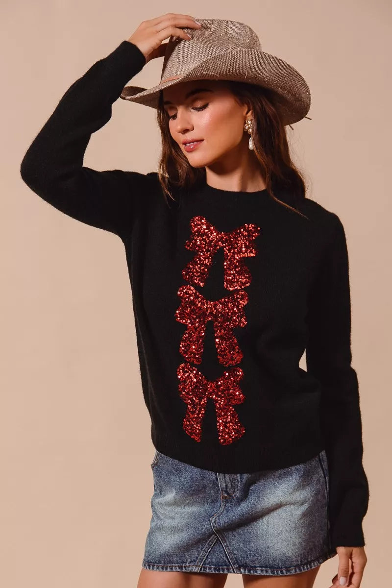 SO ME Sequins Bow Ribbon Embellished Christmas Sweater-Krush Kandy, Women's Online Fashion Boutique Located in Phoenix, Arizona (Scottsdale Area)