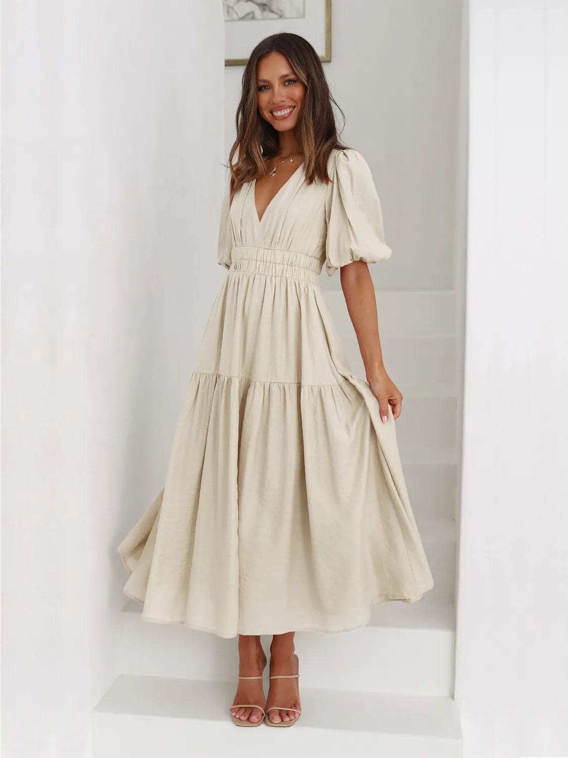 Tiered Surplice Half Sleeve Midi Dress-dress-Krush Kandy, Women's Online Fashion Boutique Located in Phoenix, Arizona (Scottsdale Area)