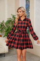 Plaid Print Tie Waist Collared Neck Shirt Dress-Dresses-Krush Kandy, Women's Online Fashion Boutique Located in Phoenix, Arizona (Scottsdale Area)