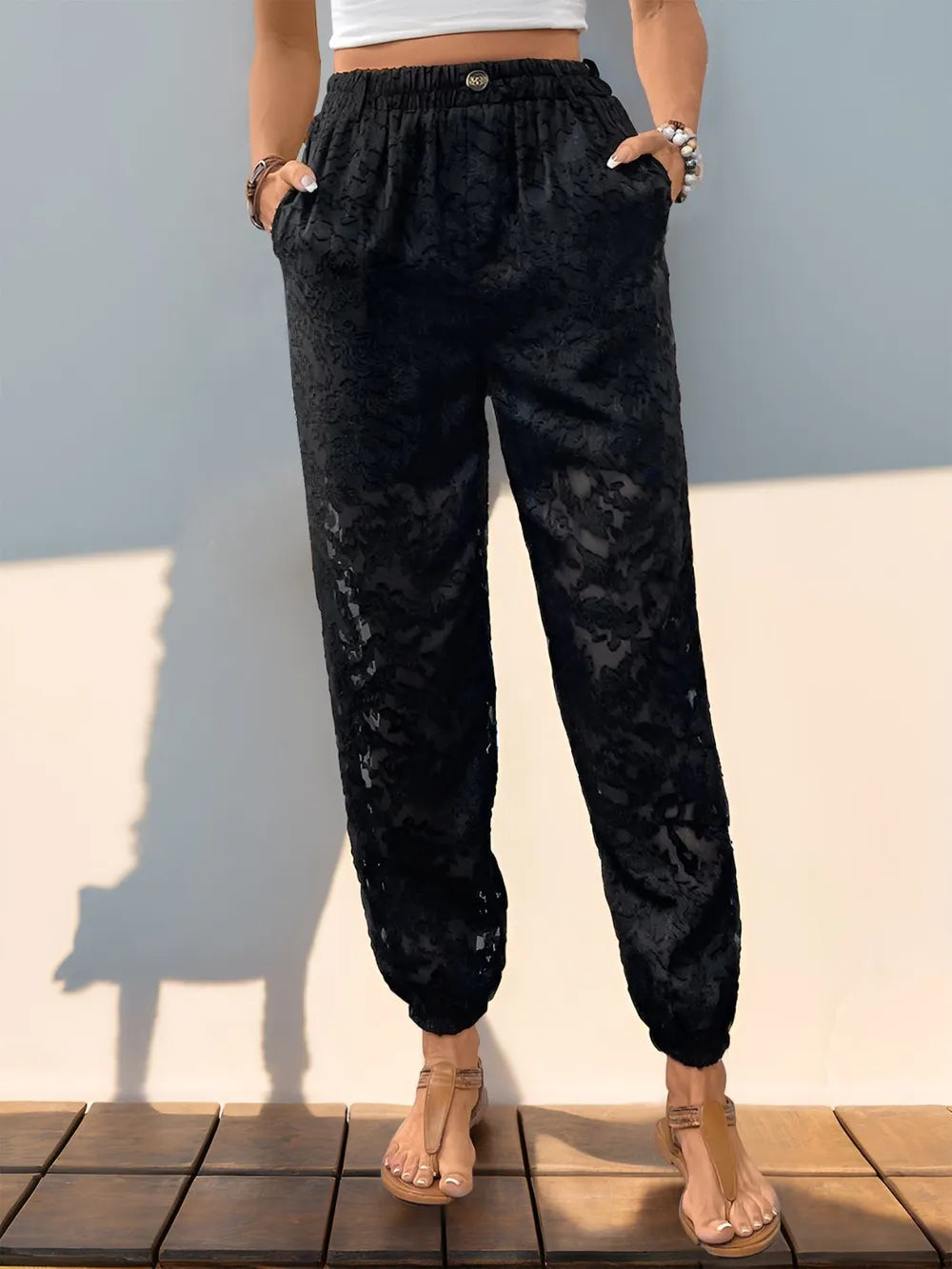 Pocketed Lace Elastic Waist Pants-Pants-Krush Kandy, Women's Online Fashion Boutique Located in Phoenix, Arizona (Scottsdale Area)