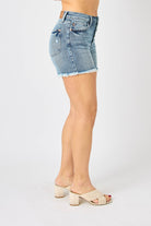 Judy Blue Full Size Button Fly Raw Hem Denim Shorts-Denim-Krush Kandy, Women's Online Fashion Boutique Located in Phoenix, Arizona (Scottsdale Area)