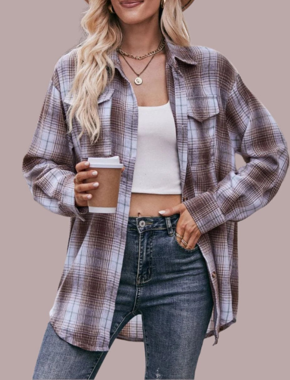 Plaid Dropped Shoulder Longline Shirt-Long Sleeve Tops-Krush Kandy, Women's Online Fashion Boutique Located in Phoenix, Arizona (Scottsdale Area)