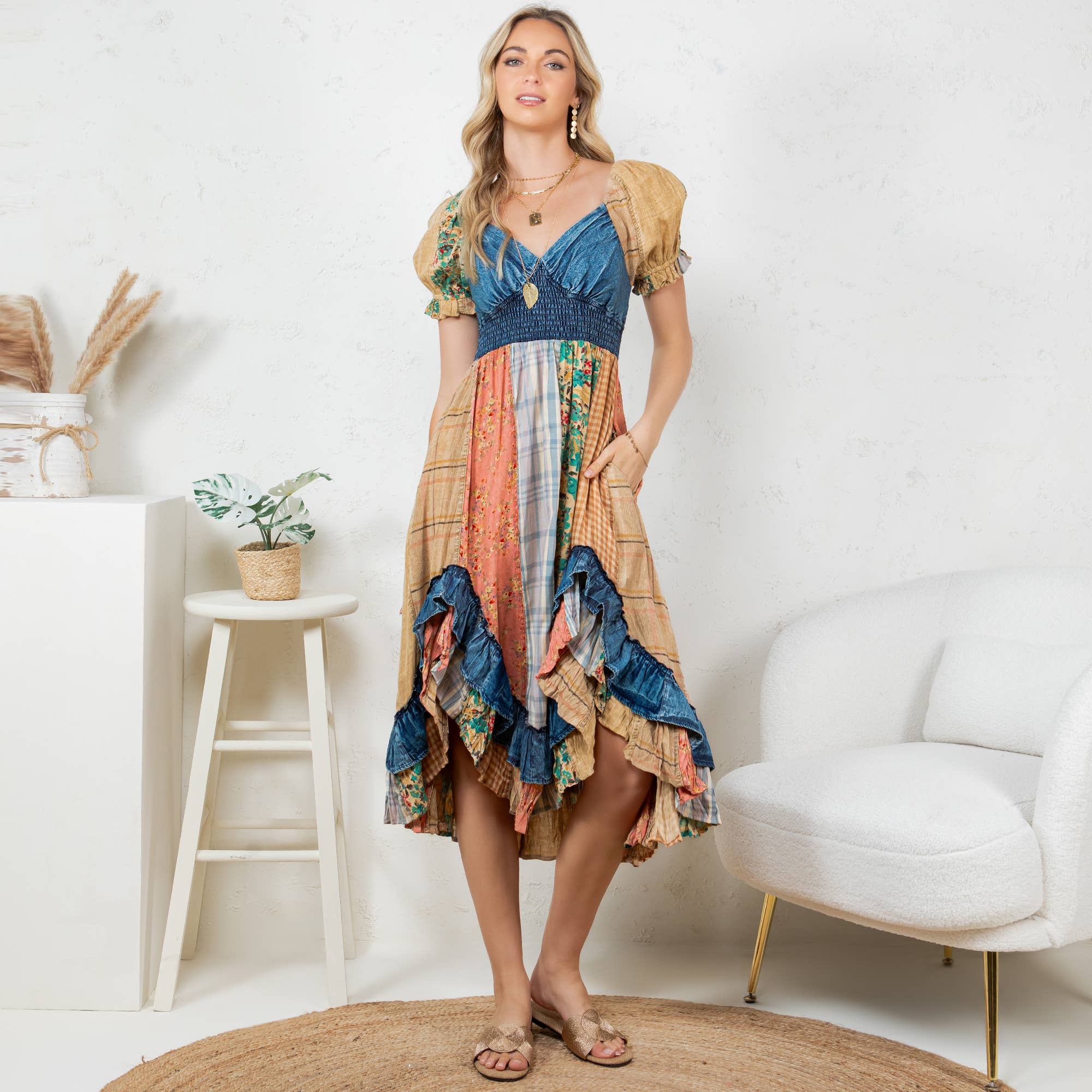 Boho Denim Patchwork Midi Dress-Dresses-Krush Kandy, Women's Online Fashion Boutique Located in Phoenix, Arizona (Scottsdale Area)