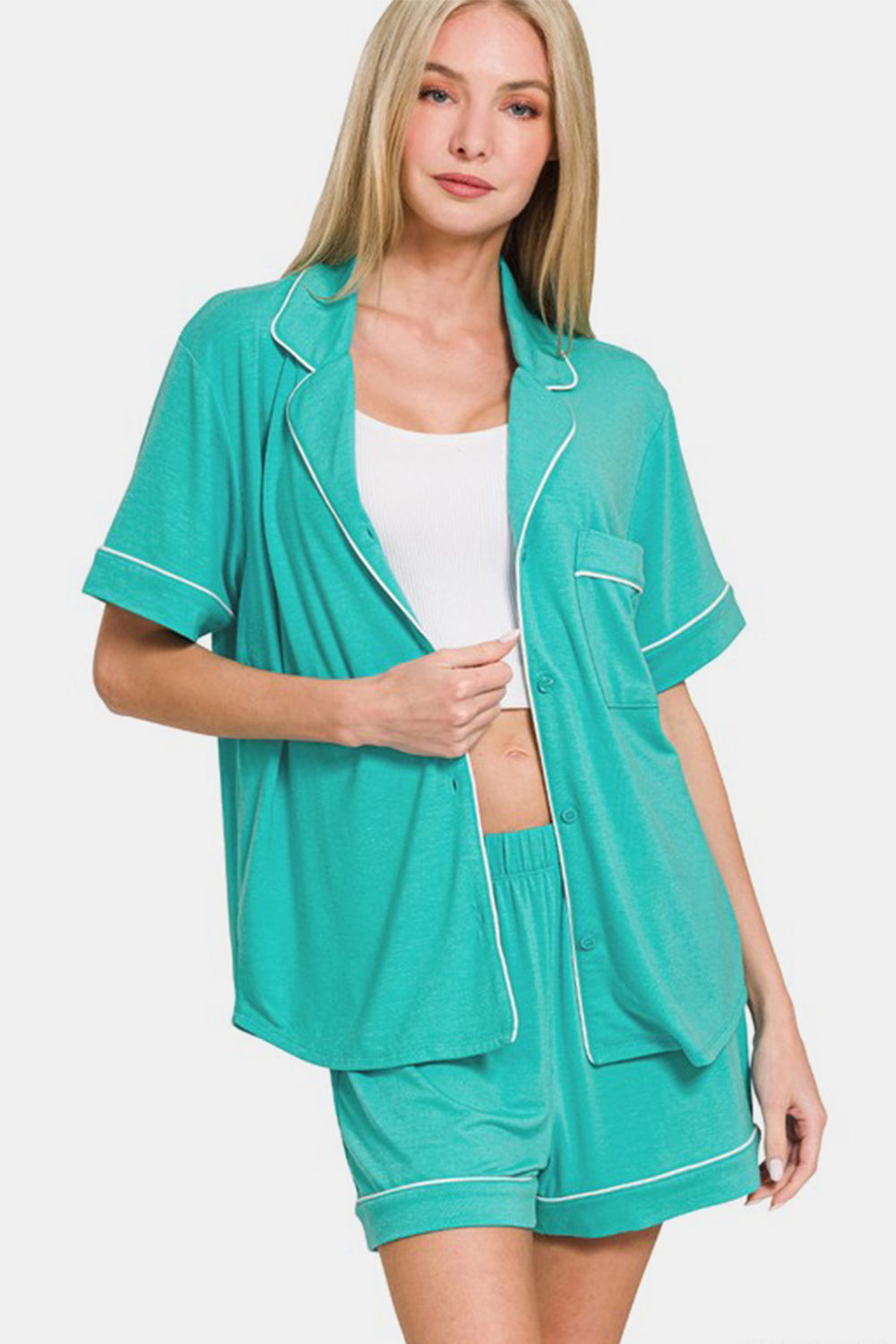 Zenana Button Down Short Sleeve Top and Shorts Lounge Set-Loungewear-Krush Kandy, Women's Online Fashion Boutique Located in Phoenix, Arizona (Scottsdale Area)