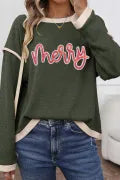Merry Patched Graphic Contrast Trim Christmas Knitted Long Sleeve Top-Long Sleeve Tops-Krush Kandy, Women's Online Fashion Boutique Located in Phoenix, Arizona (Scottsdale Area)