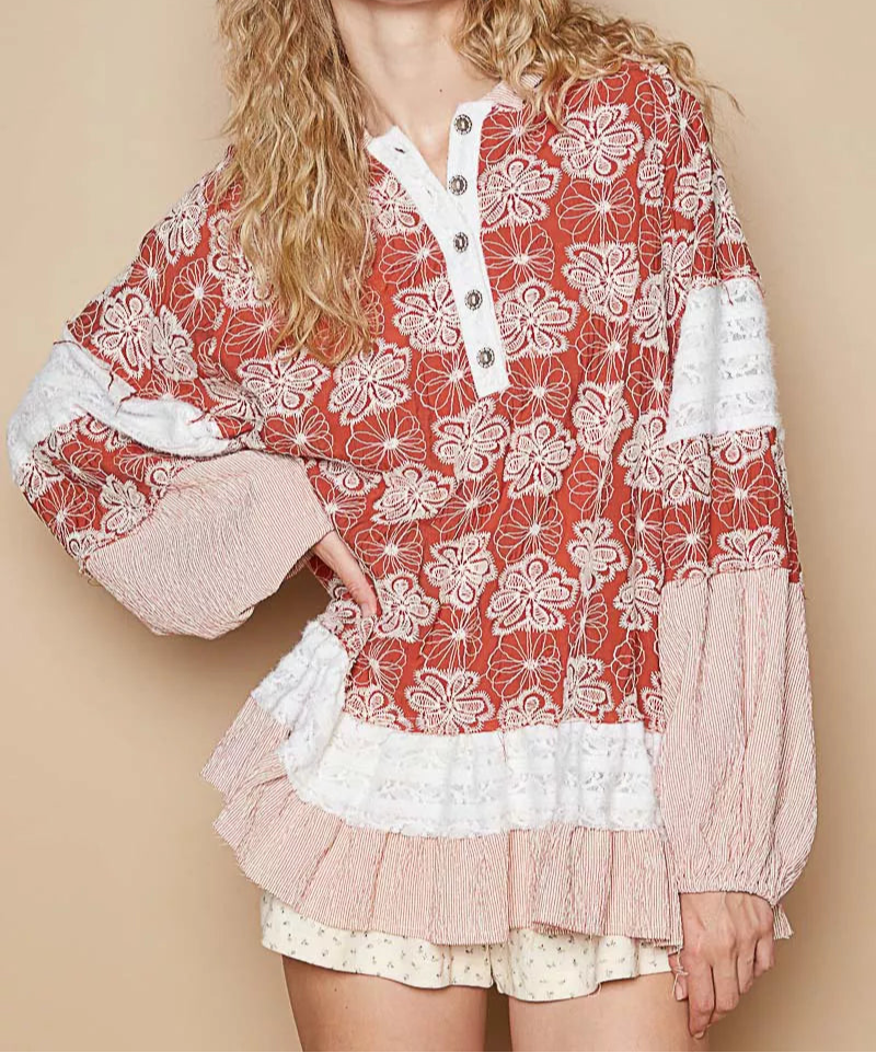 POL Ruffled Hem Floral Pattern Balloon Sleeve Hoodie-Hoodies-Krush Kandy, Women's Online Fashion Boutique Located in Phoenix, Arizona (Scottsdale Area)