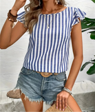 Ruffled Striped Round Neck Cap Sleeve Blouse-Blouses-Krush Kandy, Women's Online Fashion Boutique Located in Phoenix, Arizona (Scottsdale Area)