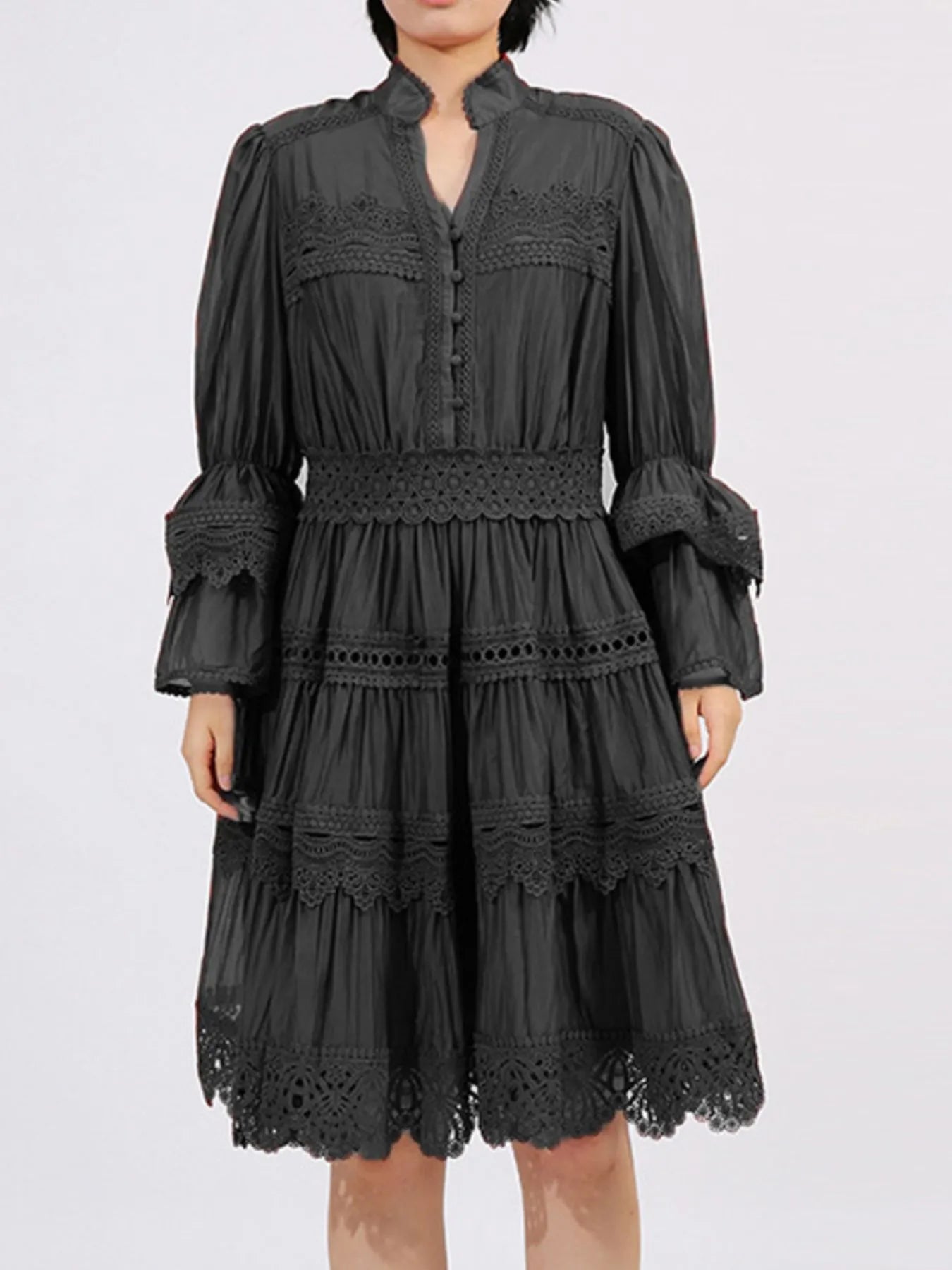 Ruffle Lace Trim Long Sleeve Dress-Dresses-Krush Kandy, Women's Online Fashion Boutique Located in Phoenix, Arizona (Scottsdale Area)