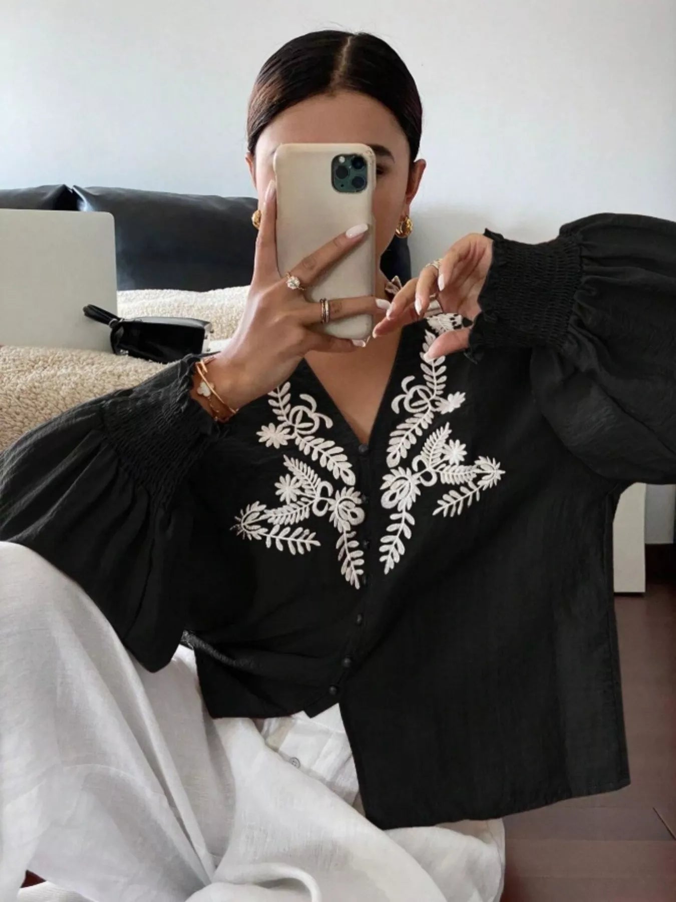 Embroidered Long Sleeve Blouse-Blouses-Krush Kandy, Women's Online Fashion Boutique Located in Phoenix, Arizona (Scottsdale Area)