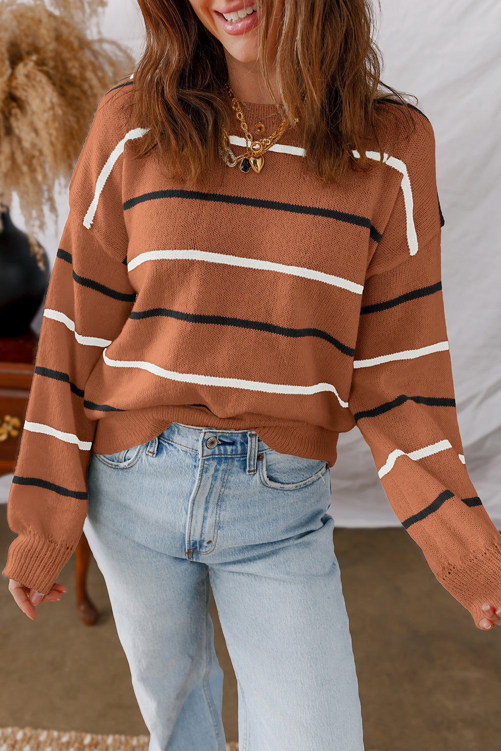 Brown Stripe Knit Sweater-Sweaters-Krush Kandy, Women's Online Fashion Boutique Located in Phoenix, Arizona (Scottsdale Area)
