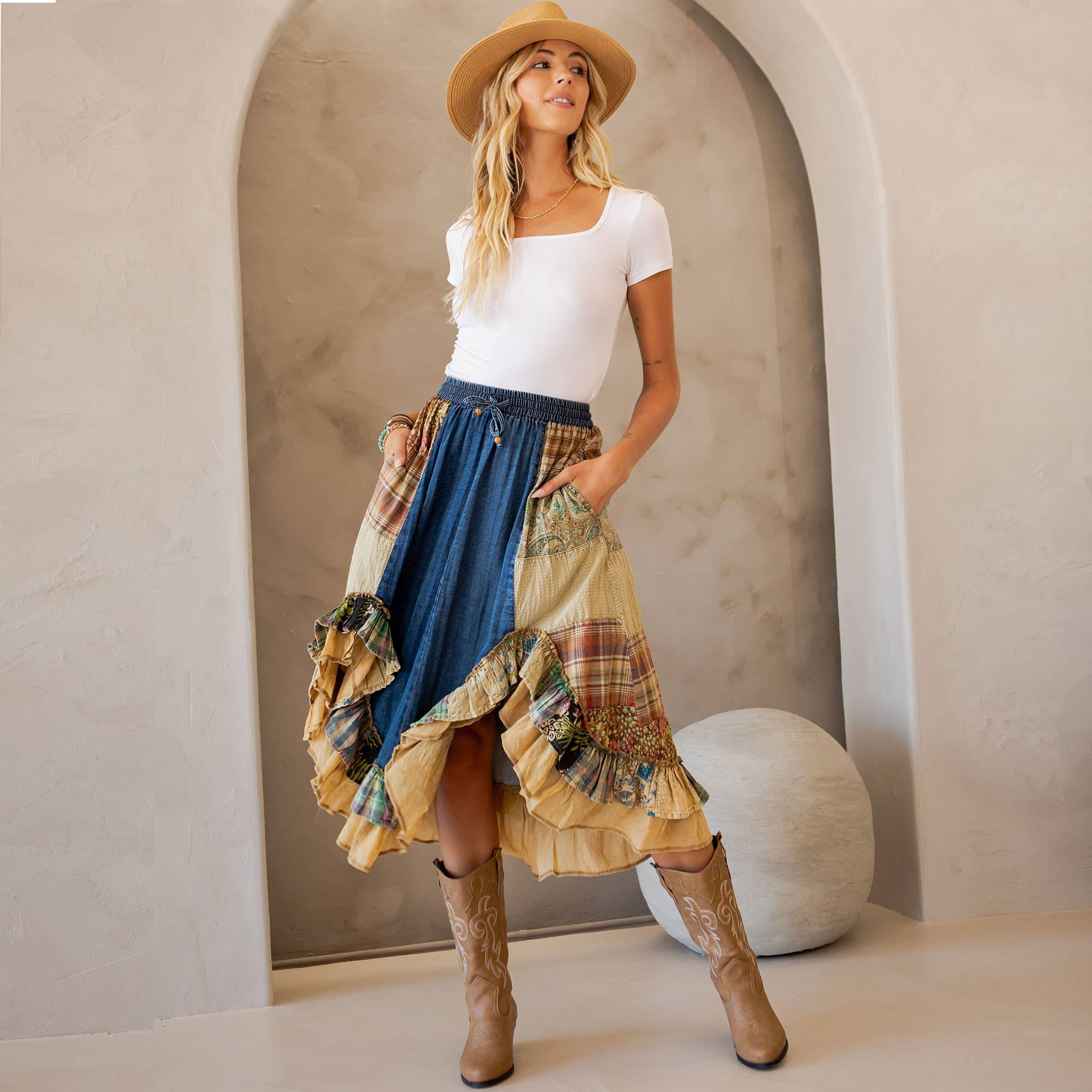 Western Boho Chic: Patchwork Midi Skirt-Skirts-Krush Kandy, Women's Online Fashion Boutique Located in Phoenix, Arizona (Scottsdale Area)