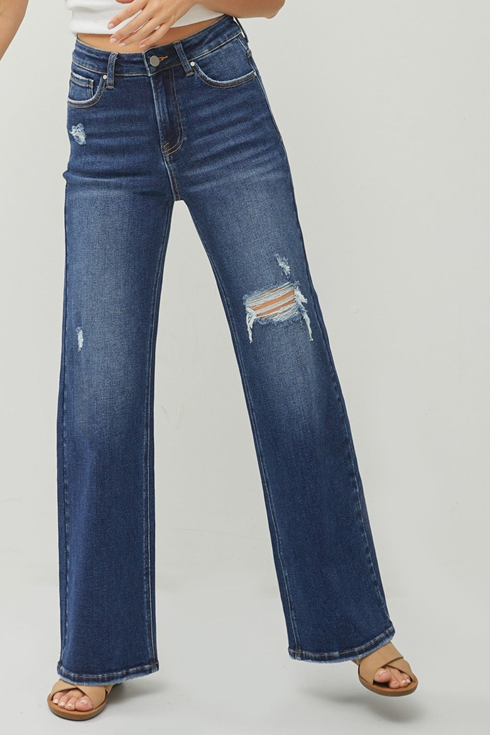 RISEN Full Size High Rise Distressed Wide Leg Jeans-Jeans-Krush Kandy, Women's Online Fashion Boutique Located in Phoenix, Arizona (Scottsdale Area)