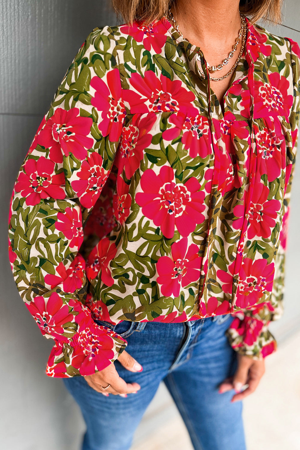 Red Floral Ruffle Tie Blouse-Long Sleeve Tops-Krush Kandy, Women's Online Fashion Boutique Located in Phoenix, Arizona (Scottsdale Area)
