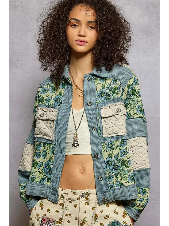 POL Vintage Washed Jacquard Color Block Jacket-Jacket-Krush Kandy, Women's Online Fashion Boutique Located in Phoenix, Arizona (Scottsdale Area)