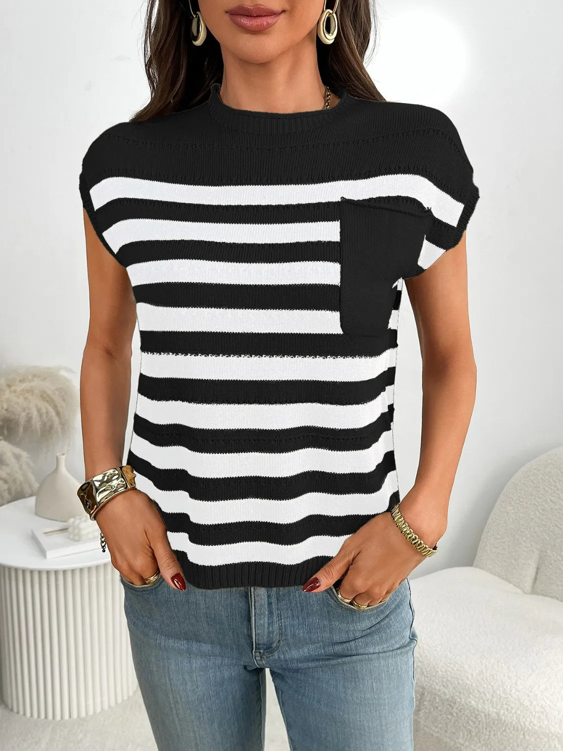 Striped Mock Neck Cap Sleeve Knit Top-Tops-Krush Kandy, Women's Online Fashion Boutique Located in Phoenix, Arizona (Scottsdale Area)