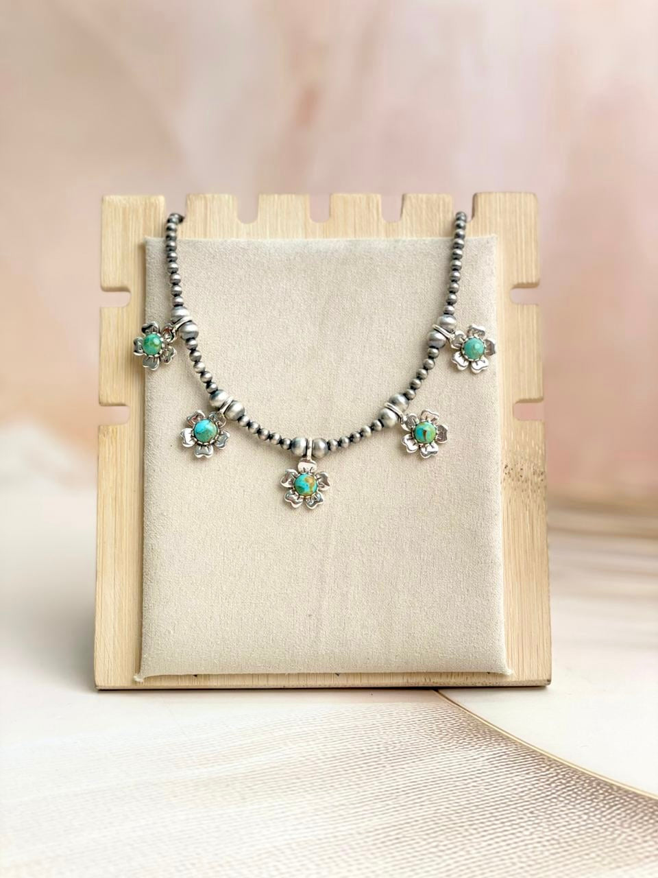 Sterling Silver & Turquoise Flower Desert Pearl Necklace-Necklaces-Krush Kandy, Women's Online Fashion Boutique Located in Phoenix, Arizona (Scottsdale Area)