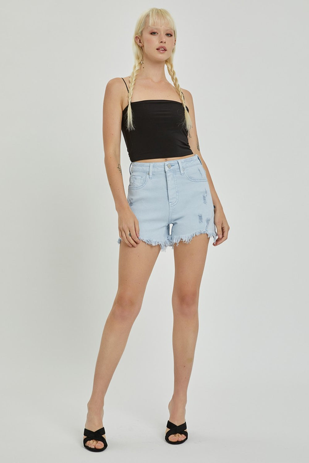 RISEN Full Size High Rise Distressed Detail Denim Shorts-Shorts-Krush Kandy, Women's Online Fashion Boutique Located in Phoenix, Arizona (Scottsdale Area)
