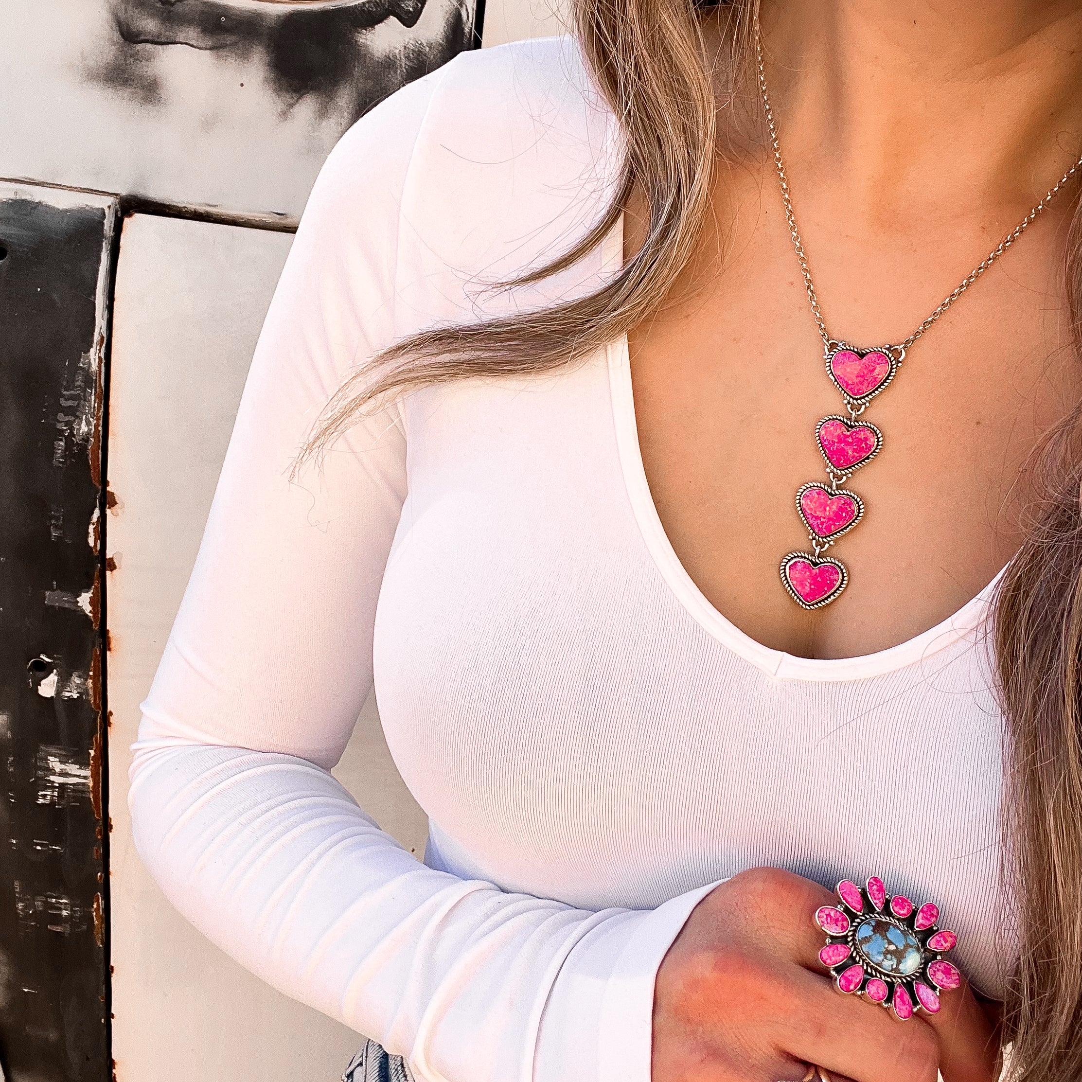 Four Heart Stone Drop Necklace | PREORDER NOW OPEN!-Squash Blossom Necklaces-Krush Kandy, Women's Online Fashion Boutique Located in Phoenix, Arizona (Scottsdale Area)