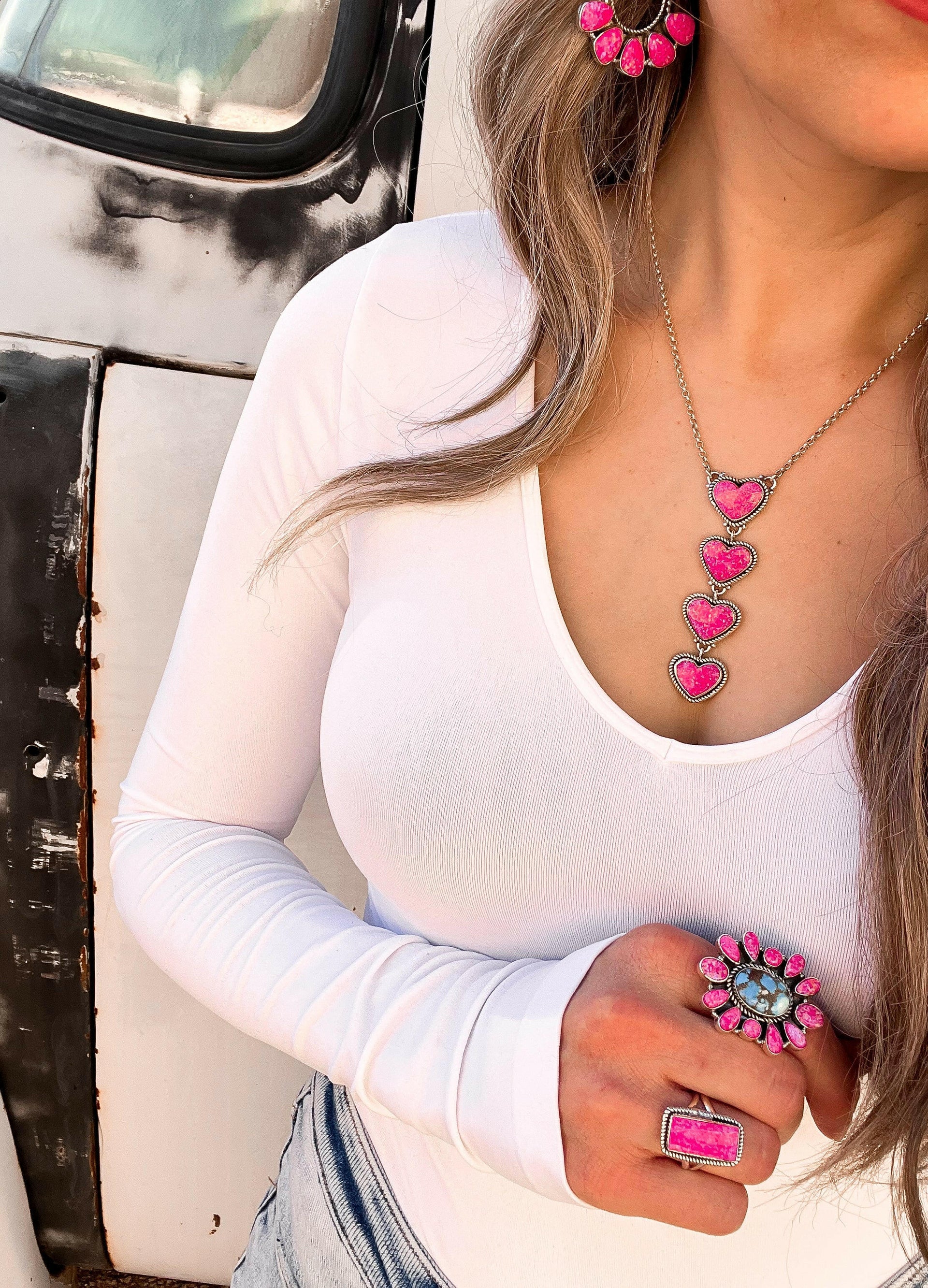 Four Heart Stone Drop Necklace | PREORDER NOW OPEN!-Squash Blossom Necklaces-Krush Kandy, Women's Online Fashion Boutique Located in Phoenix, Arizona (Scottsdale Area)
