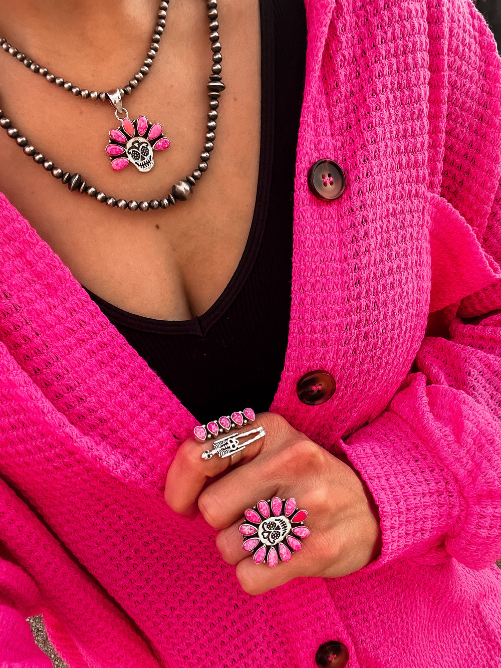 Neon Pink Opal Sugar Skull Pendant & Matching Ring | PRE-ORDER-Krush Kandy, Women's Online Fashion Boutique Located in Phoenix, Arizona (Scottsdale Area)