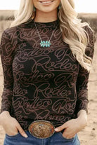 Black Western Rodeo Mock Neck Mesh Top-Long Sleeve Tops-Krush Kandy, Women's Online Fashion Boutique Located in Phoenix, Arizona (Scottsdale Area)