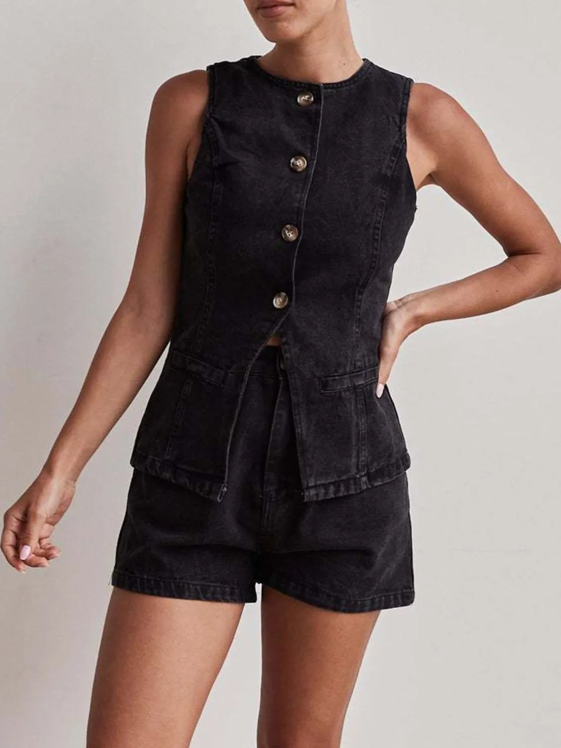 Button Down Vest and Shorts Denim Set-2 Piece Outfit Sets-Krush Kandy, Women's Online Fashion Boutique Located in Phoenix, Arizona (Scottsdale Area)