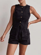 Button Down Vest and Shorts Denim Set-2 Piece Outfit Sets-Krush Kandy, Women's Online Fashion Boutique Located in Phoenix, Arizona (Scottsdale Area)