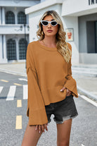 High-Low Slit Round Neck Long Sleeve Sweater-Krush Kandy, Women's Online Fashion Boutique Located in Phoenix, Arizona (Scottsdale Area)