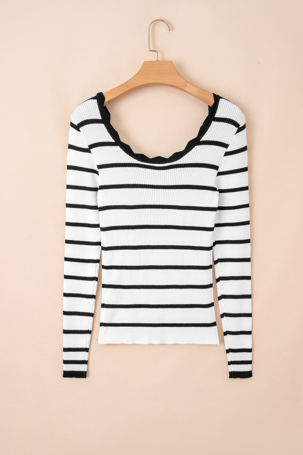 Black & White Striped Scallop Neck Ribbed Top-Sweaters-Krush Kandy, Women's Online Fashion Boutique Located in Phoenix, Arizona (Scottsdale Area)