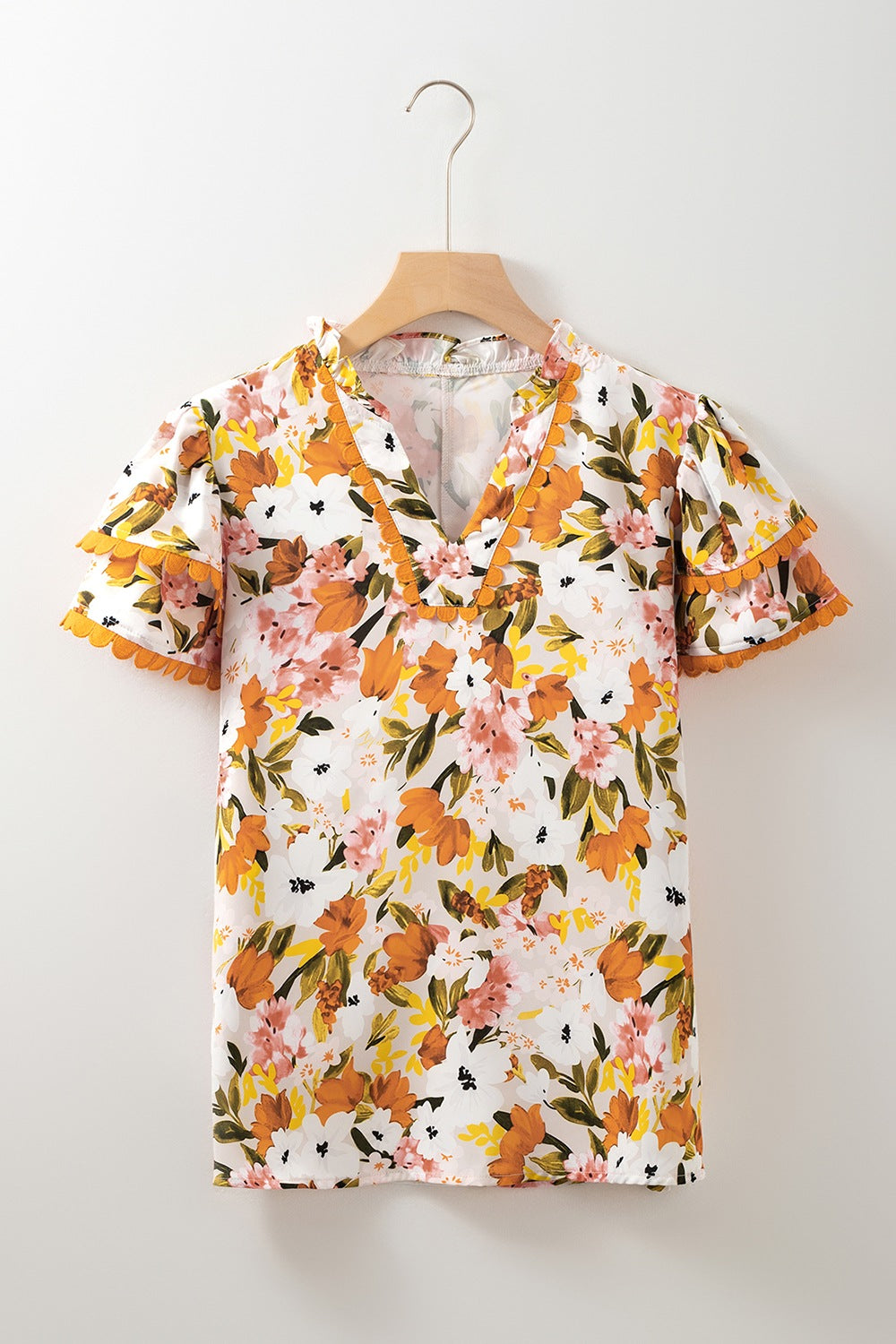 Ruffled Notched Short Sleeve Floral Blouse-Tops-Krush Kandy, Women's Online Fashion Boutique Located in Phoenix, Arizona (Scottsdale Area)