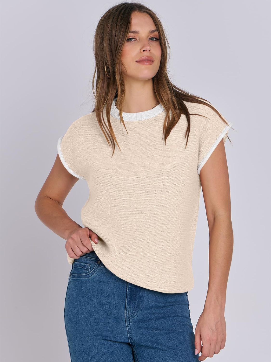 Mandy Contrast Round Neck Cap Sleeve Sweater-Krush Kandy, Women's Online Fashion Boutique Located in Phoenix, Arizona (Scottsdale Area)