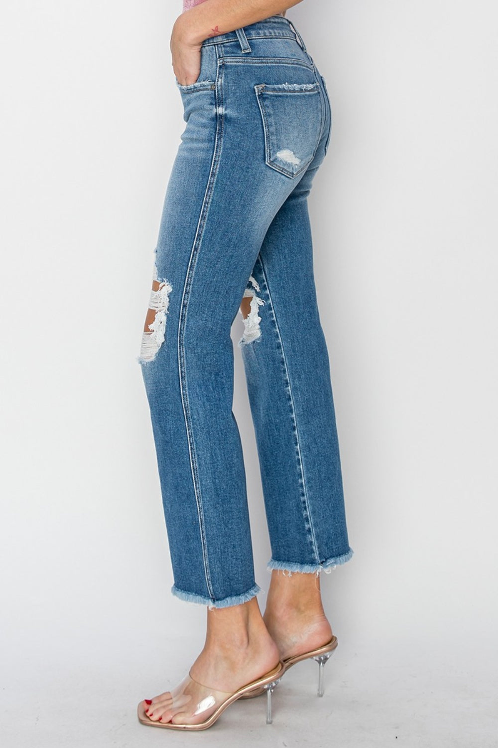 RISEN Mid Rise Distressed Cropped Flare Jeans-Denim-Krush Kandy, Women's Online Fashion Boutique Located in Phoenix, Arizona (Scottsdale Area)