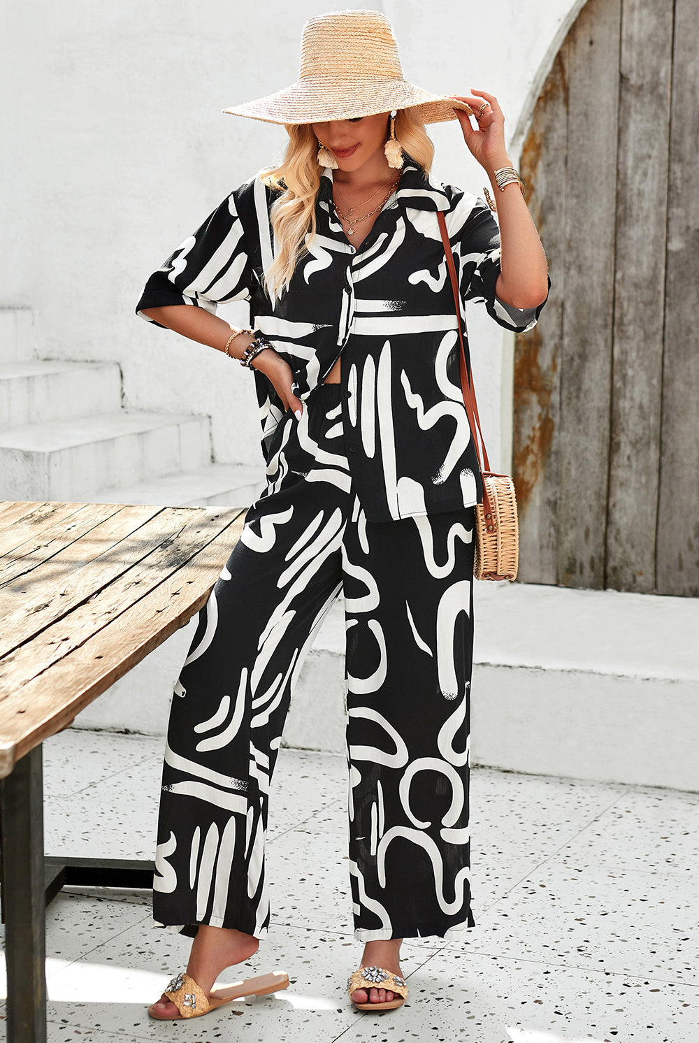 Printed Button Up Shirt and Pants Set-2 Piece Outfit Sets-Krush Kandy, Women's Online Fashion Boutique Located in Phoenix, Arizona (Scottsdale Area)
