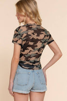 Short Sleeve Crew Neck Front Knot Camo Print Mesh Top-Tops-Krush Kandy, Women's Online Fashion Boutique Located in Phoenix, Arizona (Scottsdale Area)