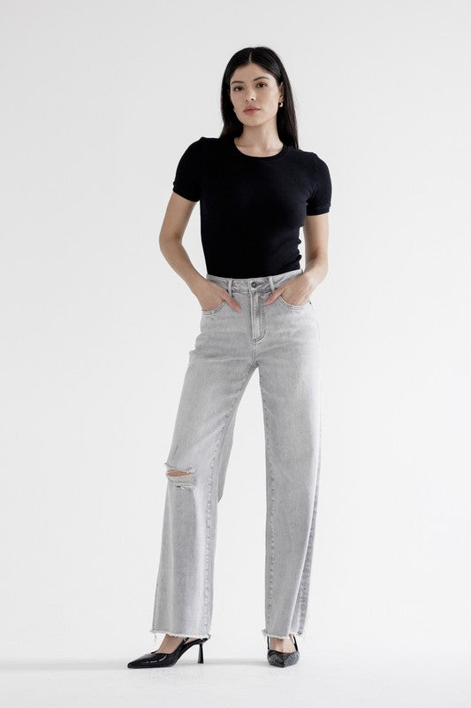 High Rise Wide Leg With Raw Hem Jeans-Denim-Krush Kandy, Women's Online Fashion Boutique Located in Phoenix, Arizona (Scottsdale Area)